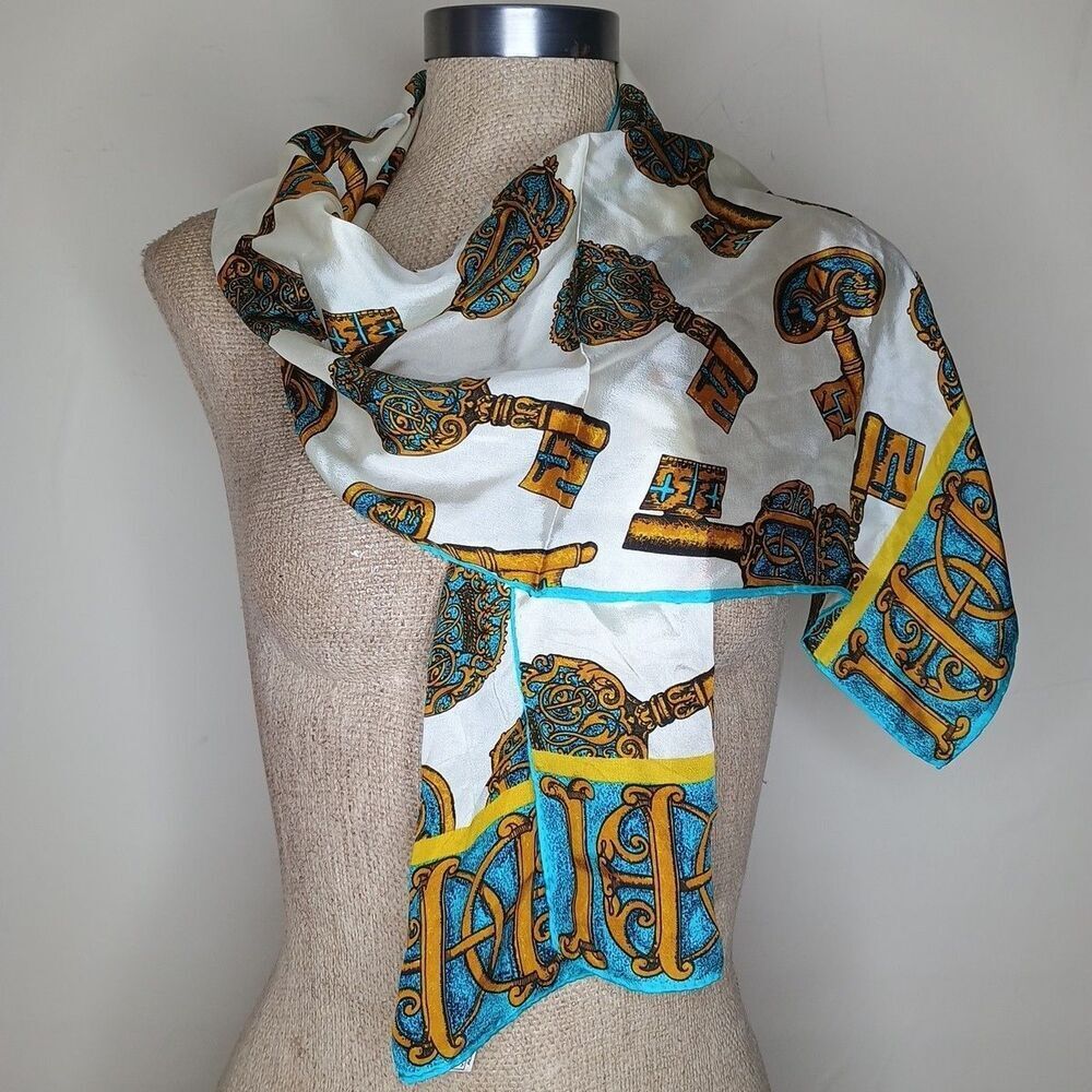 Anne Klein for Vera Co. Scarf Blue Brown Keys Silk Rectangle 51x11 Japan